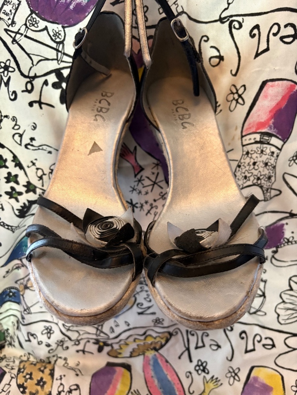 BCBG leather wedges with floral detail